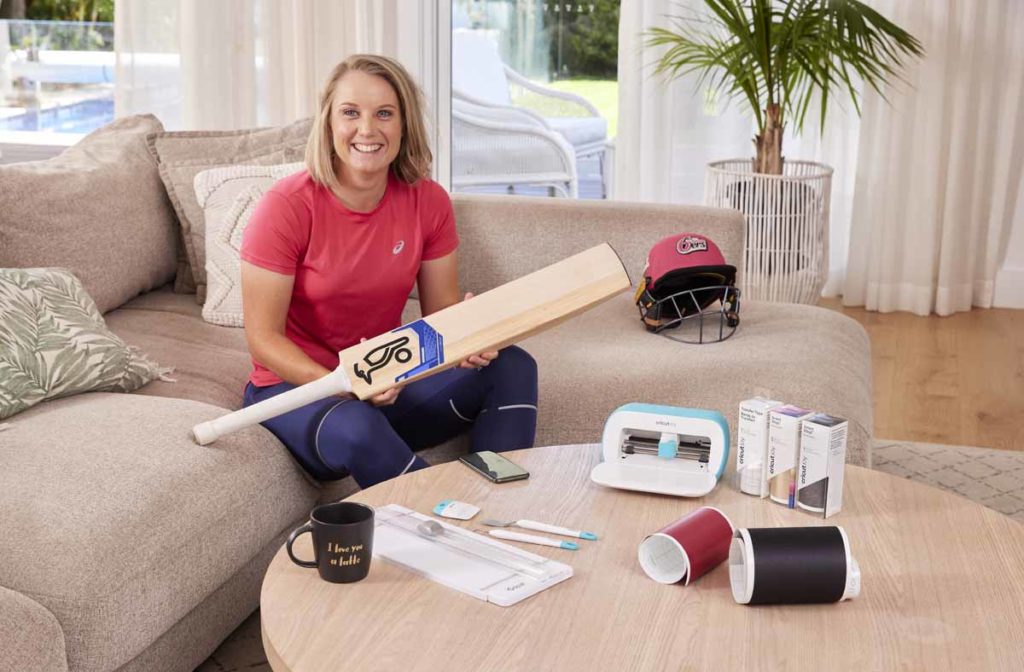 Alyssa Healy using Cricut Joy for personalizing cricket goodies